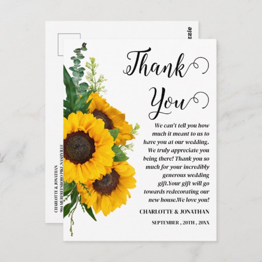 Rustic Sunflower Custom Photo Weddenschap Hartelij Briefkaart (Voorkant / Achterkant)