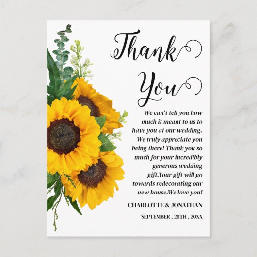 Rustic Sunflower Custom Photo Weddenschap Hartelij Briefkaart (Voorkant)