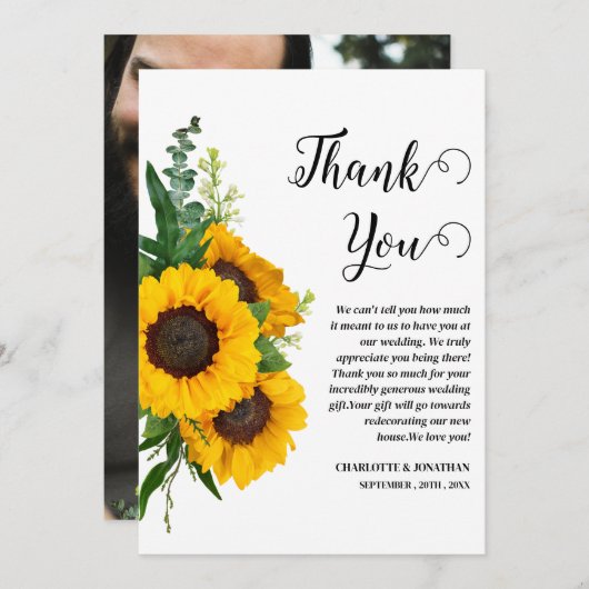 Rustic Sunflower Custom Photo Wedding Bedankkaart (Voorkant / Achterkant)