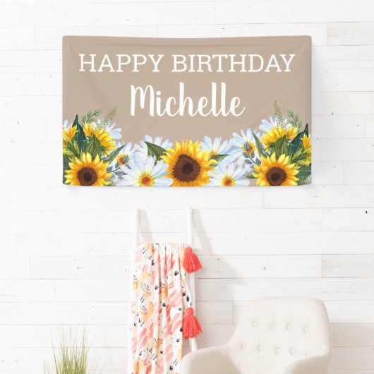 Rustic Sunflower Daisies Happy Birthday Name Spandoek (Insitu)