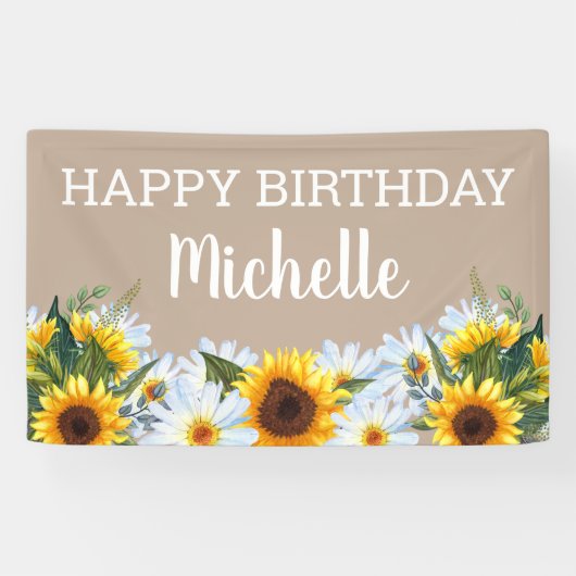 Rustic Sunflower Daisies Happy Birthday Name Spandoek (Horizontaal)