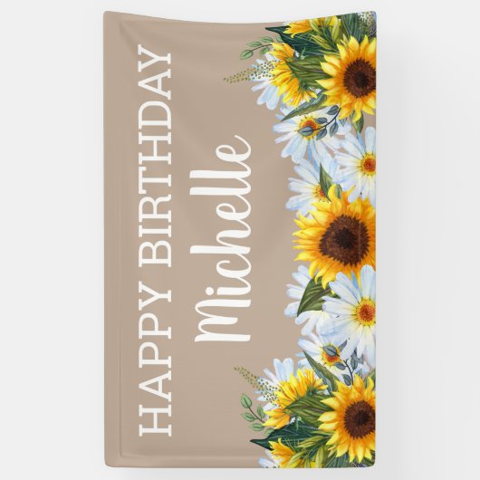 Rustic Sunflower Daisies Happy Birthday Name Spandoek (Verticaal)