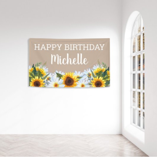 Rustic Sunflower Daisies Happy Birthday Name Spandoek