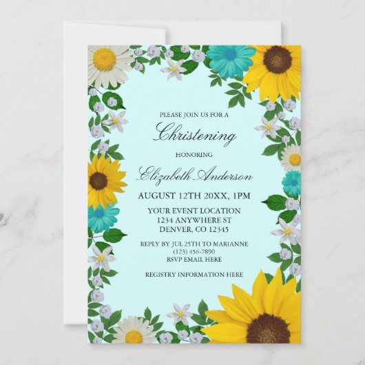 Rustic Sunflower Daisy Floral Christening Kaart (Voorkant)