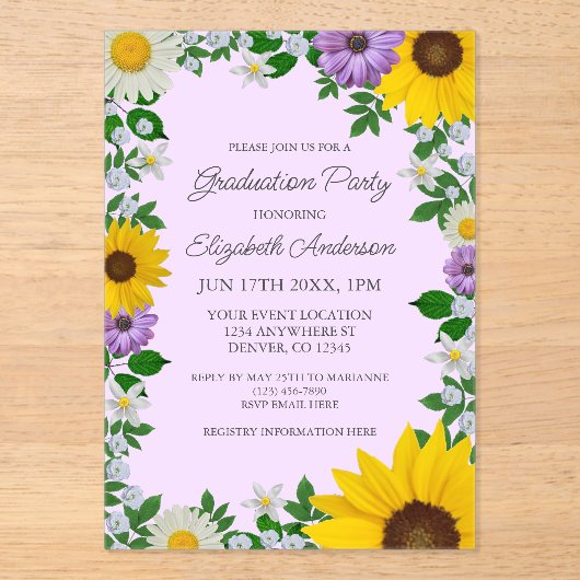 Rustic Sunflower Daisy Floral Graduation Party Acryl Uitnodigingen (Voorkant)