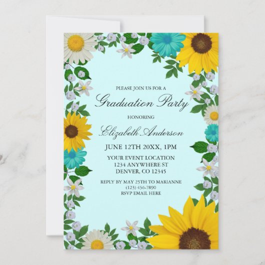 Rustic Sunflower Daisy Floral Graduation Party Kaart (Voorkant)
