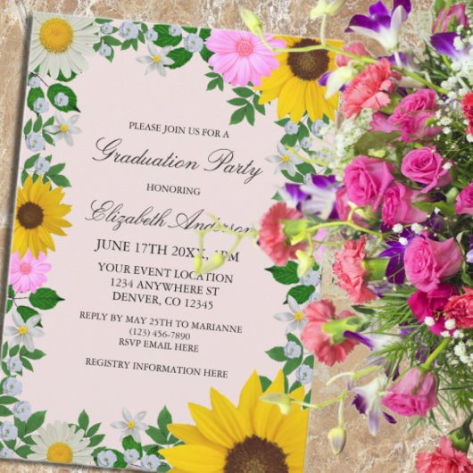 Rustic Sunflower Daisy Floral Graduation Party Kaart