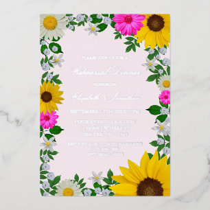 Rustic Sunflower Daisy Floral Rehearsal Dinner Folie Uitnodiging