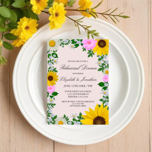 Rustic Sunflower Daisy Floral Rehearsal Dinner Kaart