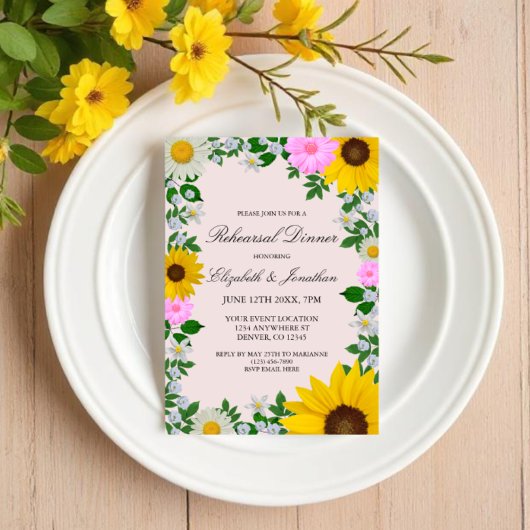 Rustic Sunflower Daisy Floral Rehearsal Dinner Kaart
