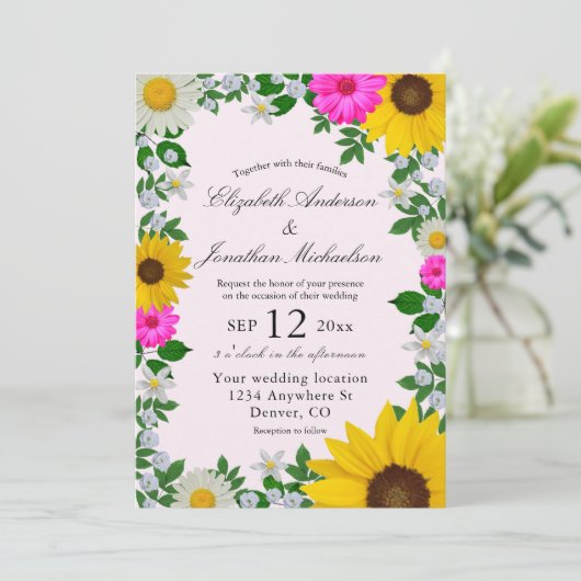 Rustic Sunflower Daisy Floral Wedding Kaart (Staand voorkant)