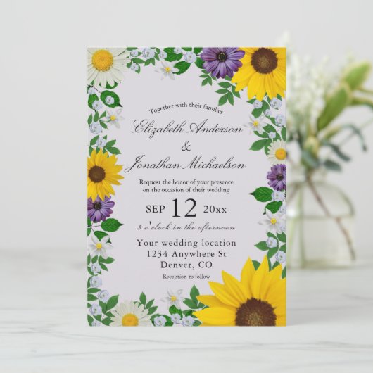 Rustic Sunflower Daisy Floral Wedding Kaart (Staand voorkant)