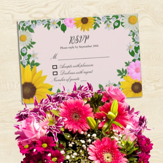Rustic Sunflower Daisy Floral Wedding RSVP Kaartje