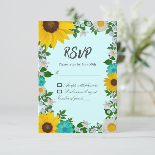 Rustic Sunflower Daisy Floral Wedding RSVP Kaartje (Staand voorkant)