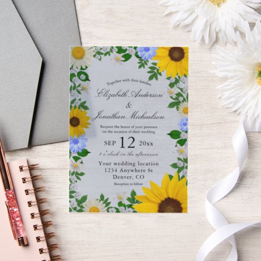 Rustic Sunflower Daisy Floral Wedding Vellum Uitnodigingen (Huwelijk)