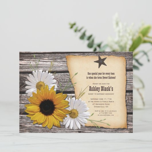 Rustic Sunflower Daisy Sweet 16 Birthday Kaart (Staand voorkant)