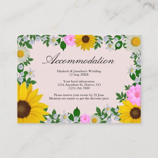 Rustic Sunflower Daisy Wedding Accommodatie Informatiekaartje (Voorkant)