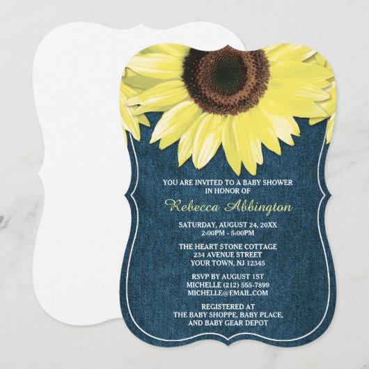 Rustic Sunflower Denim Baby Shower-uitnodigingen Kaart (Voorkant / Achterkant)