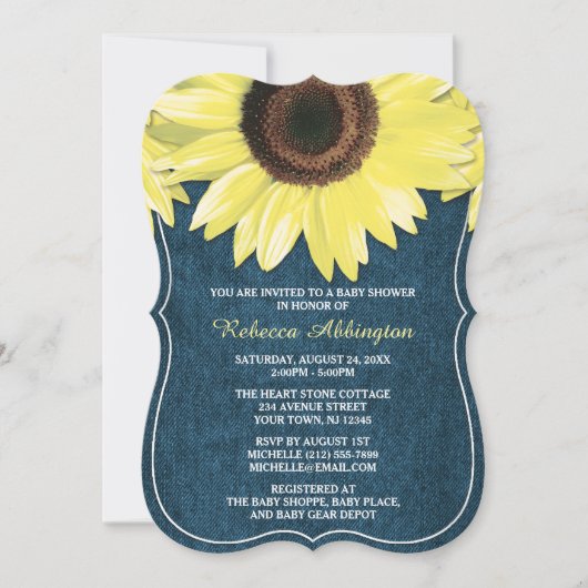 Rustic Sunflower Denim Baby Shower-uitnodigingen Kaart (Voorkant)