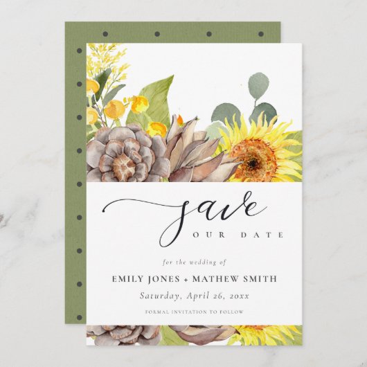 RUSTIC SUNFLOWER EUCALYPTUS FLORAL BEWAREN DE DATU KAART (Voorkant / Achterkant)