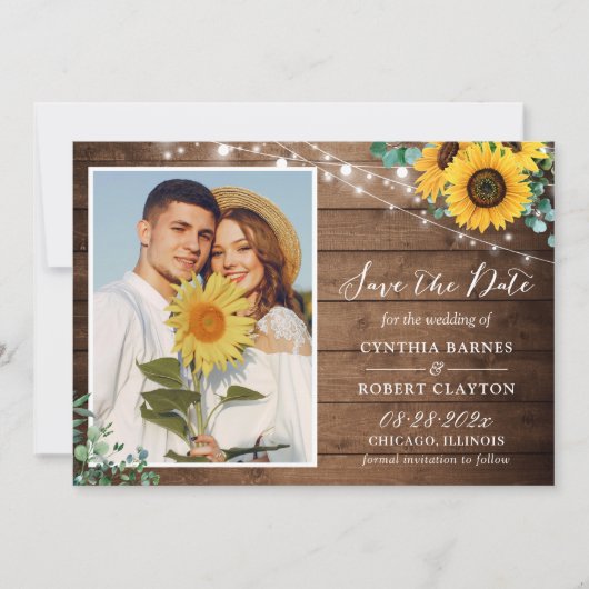 Rustic Sunflower Eucalyptus Floral Photo Wedding Save The Date (Voorkant)