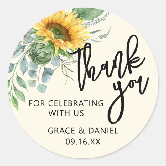 Rustic Sunflower Eucalyptus Greenery Hartelijk dan Ronde Sticker (Voorkant)