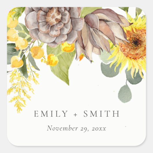 RUSTIC SUNFLOWER EUCALYPTUS PIJNVLOEDING VIERKANTE STICKER (Voorkant)