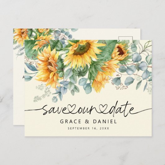 Rustic Sunflower Eucalyptus Save Our Date Aankondigingskaart (Voorkant / Achterkant)