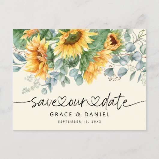 Rustic Sunflower Eucalyptus Save Our Date Aankondigingskaart (Voorkant)