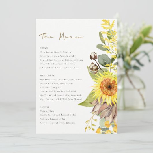 RUSTIC SUNFLOWER EUCALYPTUS WATERVERF FLORAL MENU (Staand voorkant)