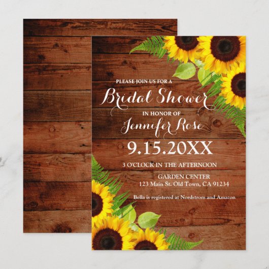 Rustic Sunflower Fern Wood Vrijgezellenfeest Invit Kaart (Voorkant / Achterkant)