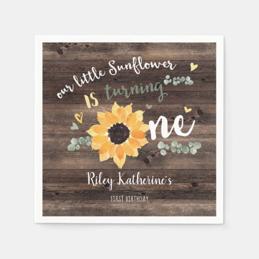 Rustic Sunflower First Birthday Party Napkins Servet (Voorkant)