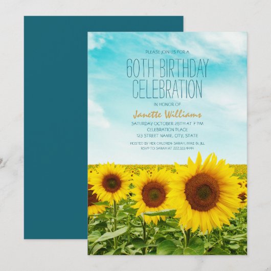 Rustic Sunflower Floral 60th Birthday Party Kaart (Voorkant / Achterkant)