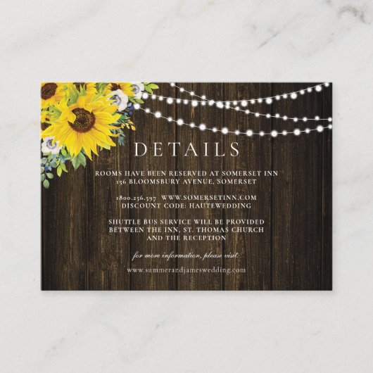 Rustic Sunflower Floral Greenery Wedding Details Informatiekaartje (Voorkant)