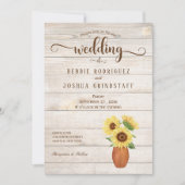 Rustic Sunflower Floral on Wood Wedding Invitation Kaart (Voorkant)