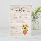 Rustic Sunflower Floral on Wood Wedding Invitation Kaart (Staand voorkant)