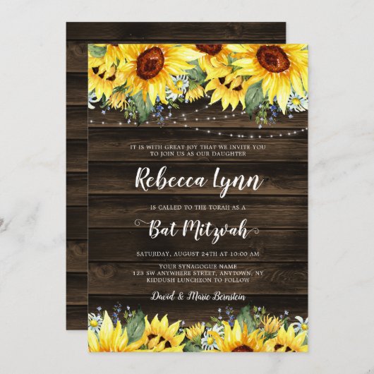 Rustic Sunflower Floral String Lights Bat Mitzvah Kaart (Voorkant / Achterkant)