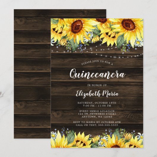 Rustic Sunflower Floral String Lights Quinceanera Kaart (Voorkant / Achterkant)