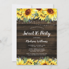 Rustic Sunflower Floral String Lights Sweet 16 Kaart