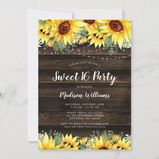 Rustic Sunflower Floral String Lights Sweet 16 Kaart (Voorkant)