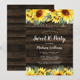 Rustic Sunflower Floral String Lights Sweet 16 Kaart
