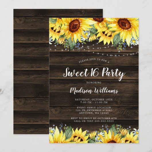 Rustic Sunflower Floral String Lights Sweet 16 Kaart (Voorkant / Achterkant)