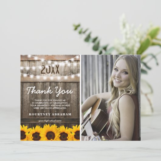 Rustic Sunflower Foto Afstuderen Foto Hartelijk da Bedankkaart (Staand voorkant)