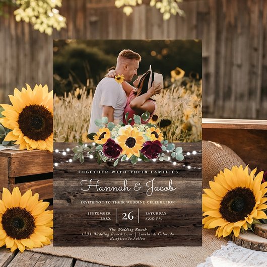 Rustic Sunflower Foto Barn Wood Weddenschap Kaart