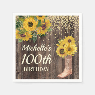 Rustic Sunflower Glitter Boots Wood 100th Birthday Servet
