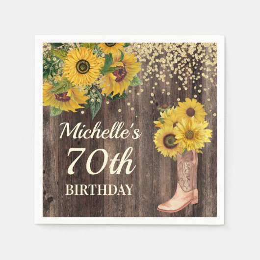 Rustic Sunflower Glitter Boots Wood 70th Birthday Servet (Voorkant)