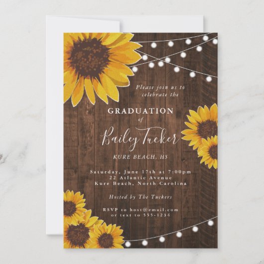 Rustic Sunflower Graduation Party String Lights Kaart (Voorkant)