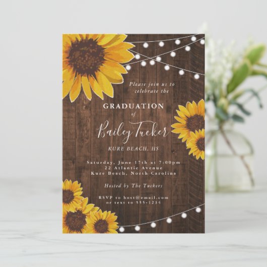 Rustic Sunflower Graduation Party String Lights Kaart (Staand voorkant)