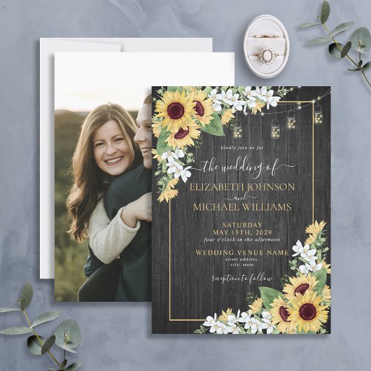 Rustic Sunflower & Gray Floral Wood Foto bruiloft Kaart
