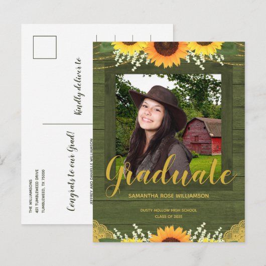 Rustic Sunflower Green en Gold Photo Afstuderen Aankondigingskaart (Voorkant / Achterkant)